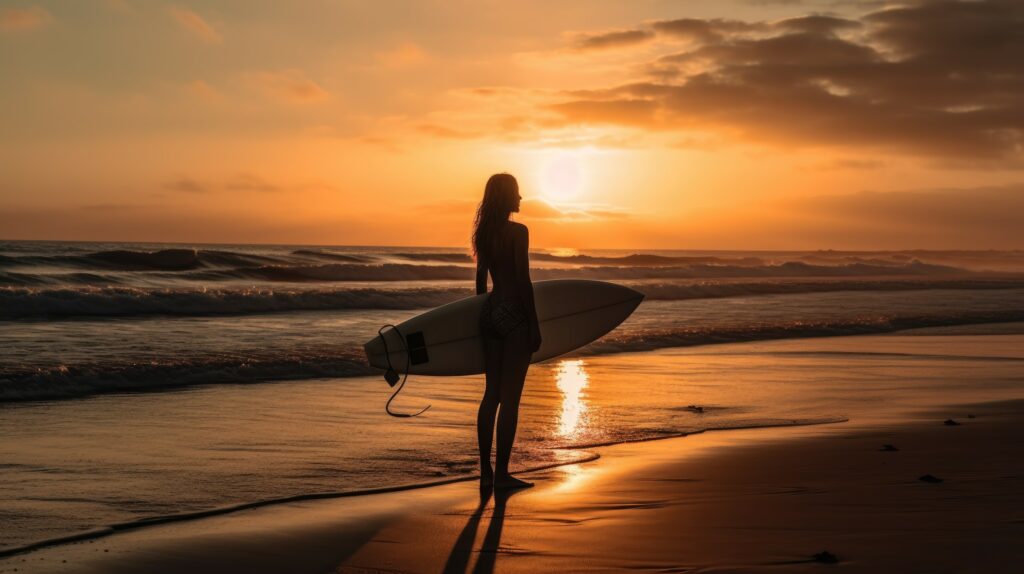 Beautiful surfer girl on the beach at sunset.